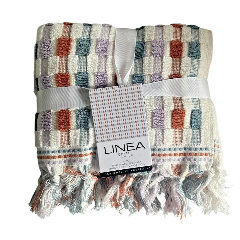 Linea Home Hand Towels Fiesta Cotton Multicolor Tile Fringe Hem Set of 2